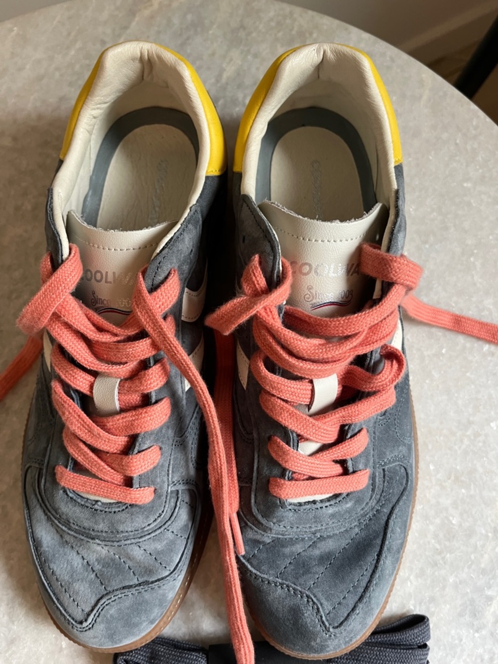 Coolway Gray Suede Sneakers with Coral Laces and Yellow Heel - Picture 3 of 6